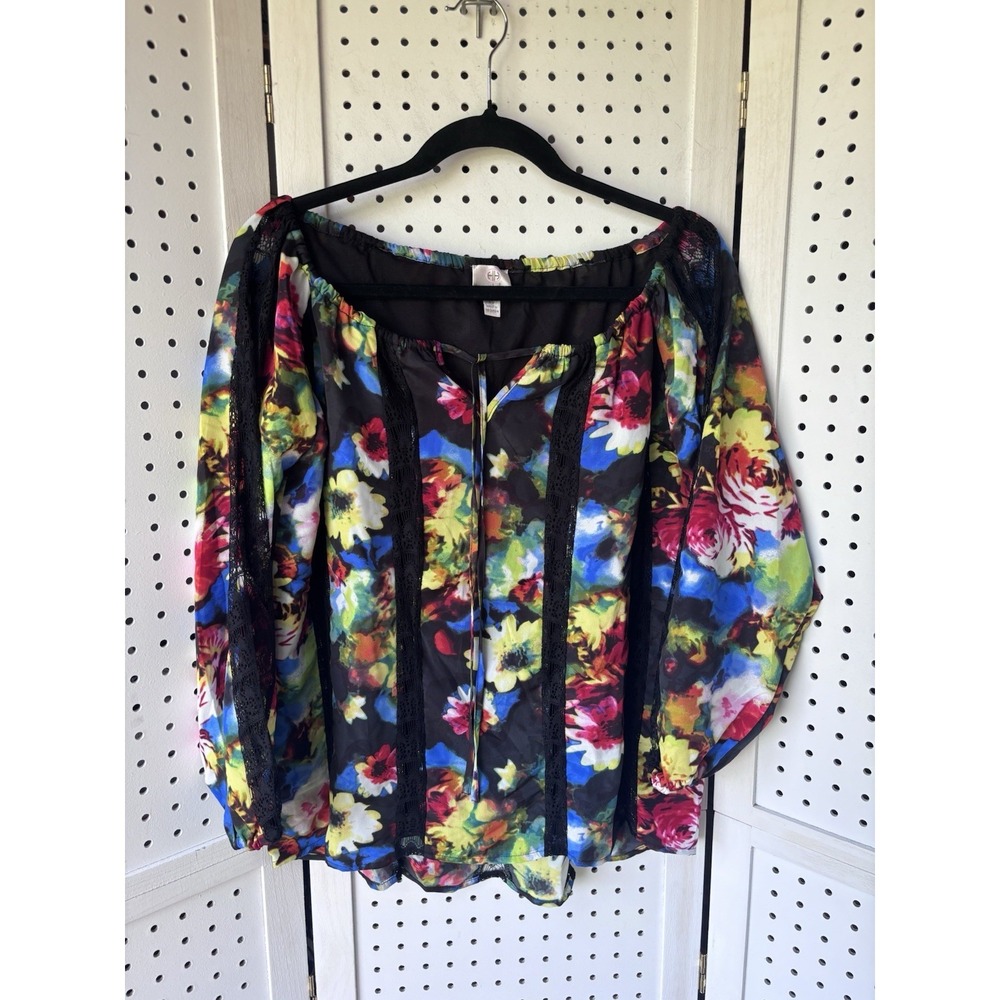Hot In Hollywood XS Maya Floral Peasant Blouse With Lace Black Multicolor Boho